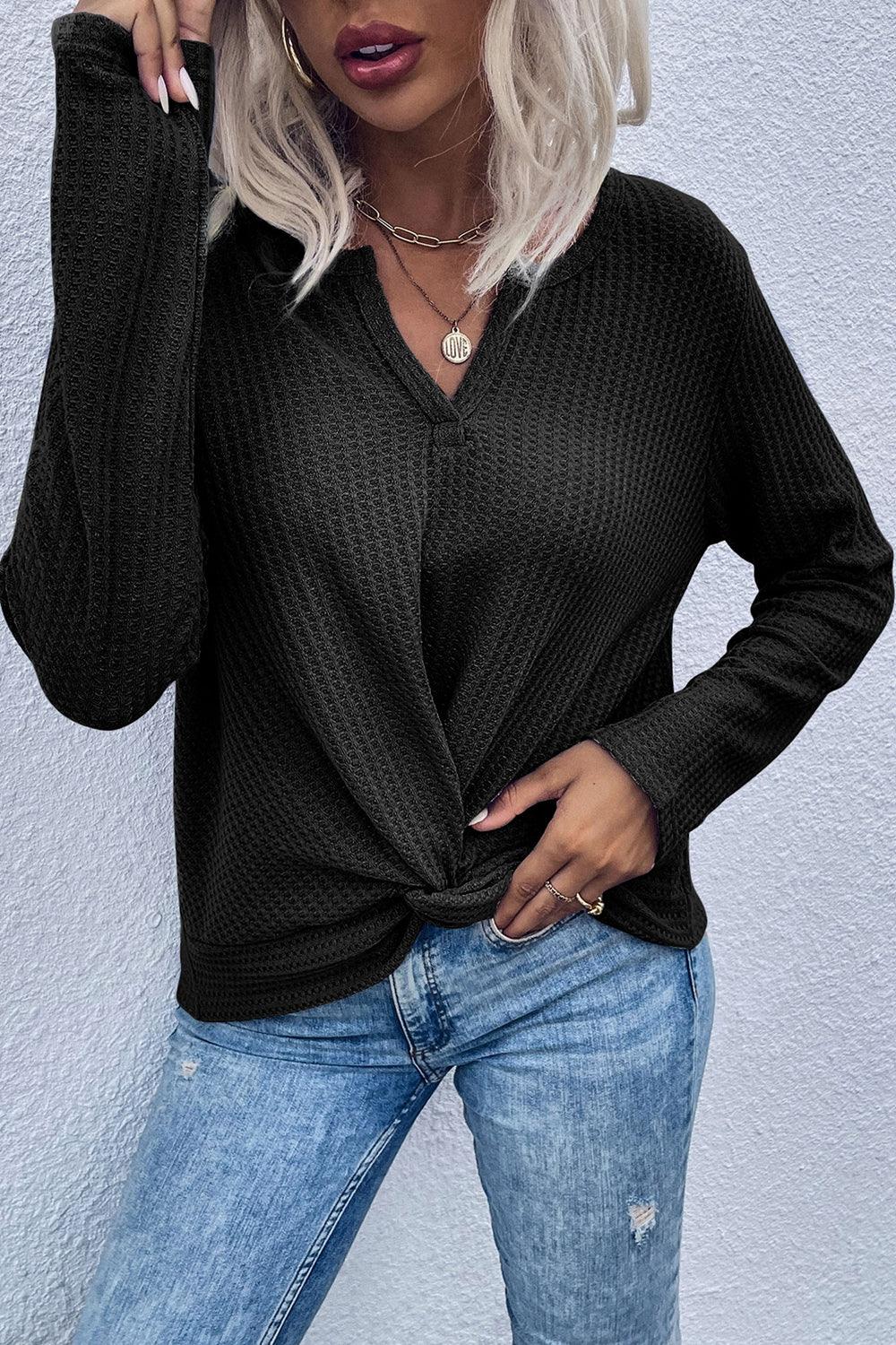 Twist Front Long Sleeve Waffle Knit Top - La Pink