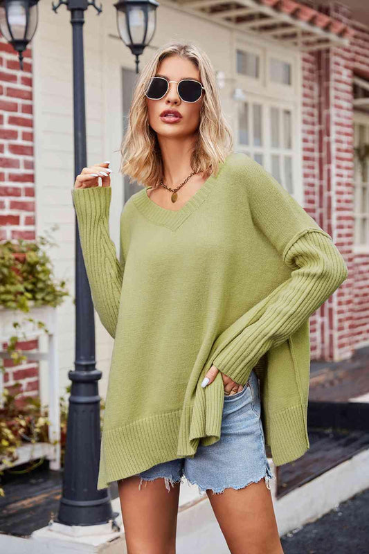 V-Neck Slit Exposed Seam Sweater - La Pink