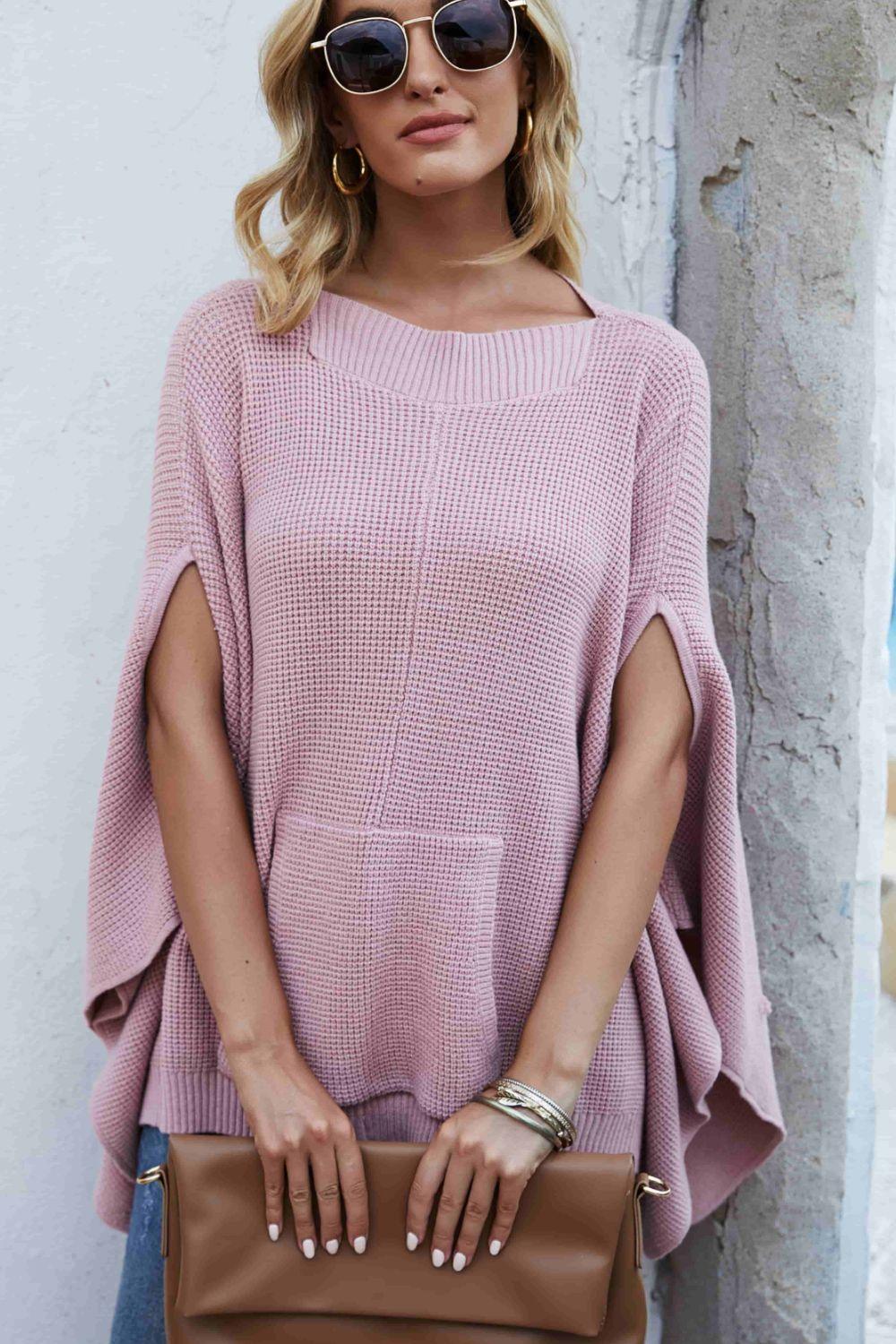 Waffle-Knit Cloak Sleeve Pocket Sweater - La Pink