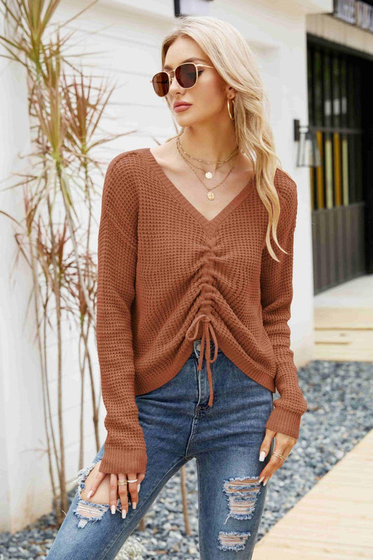 Waffle-Knit Drawstring Detail V-Neck Sweater - La Pink