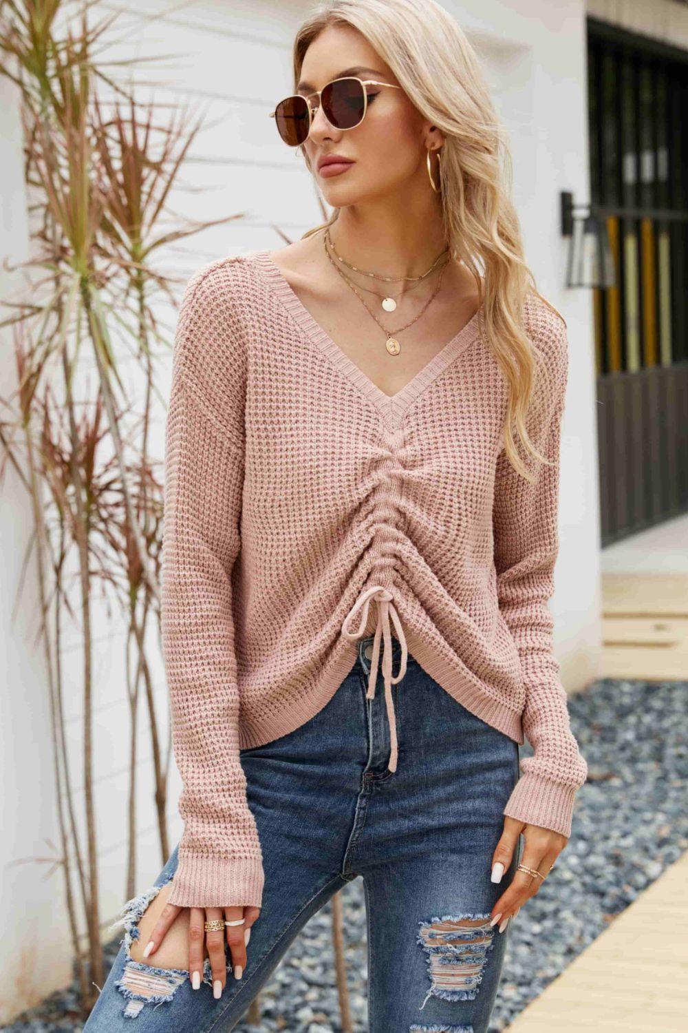 Waffle-Knit Drawstring Detail V-Neck Sweater - La Pink