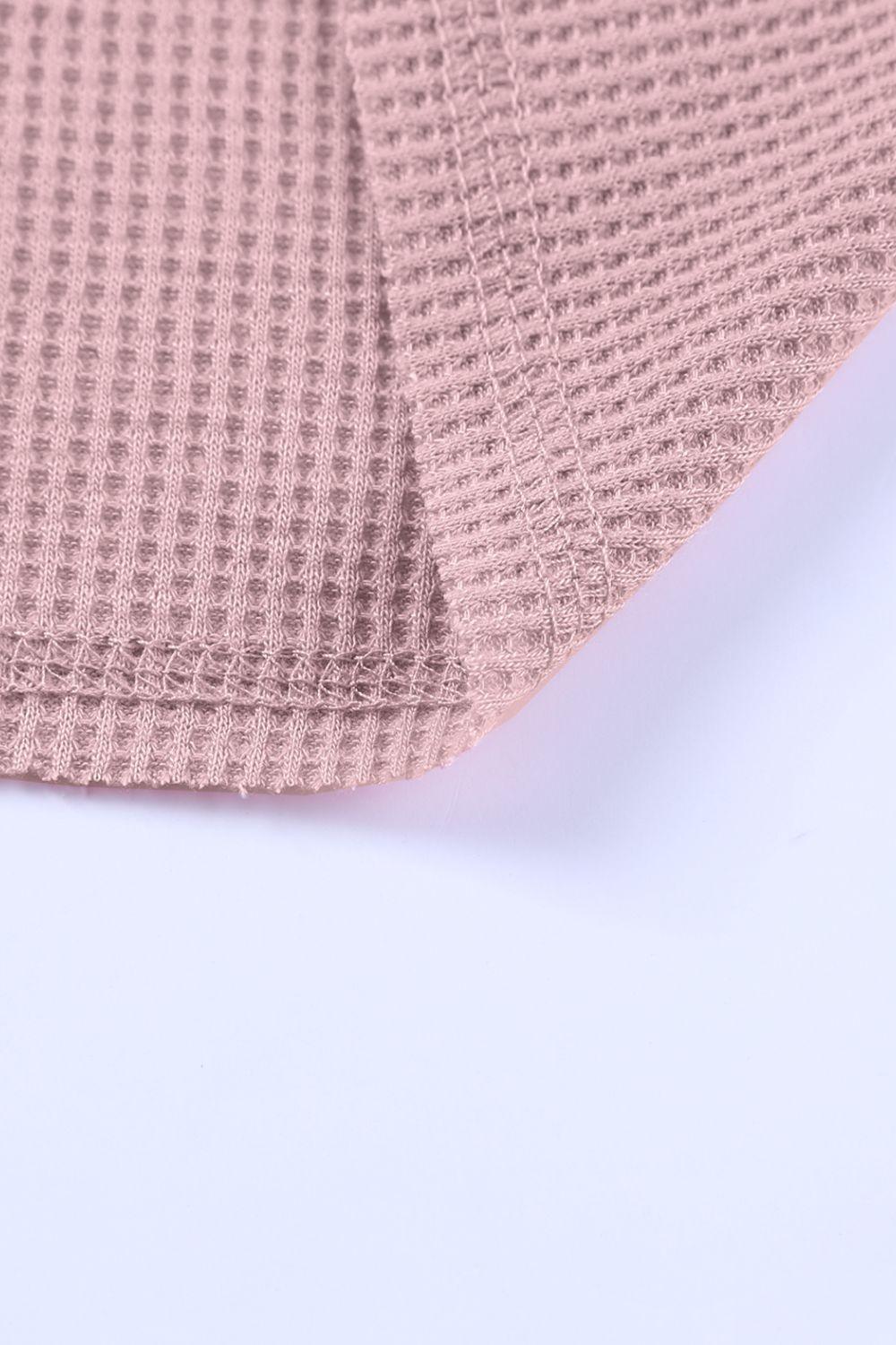 Waffle-Knit Dropped Shoulder Notched Top - La Pink